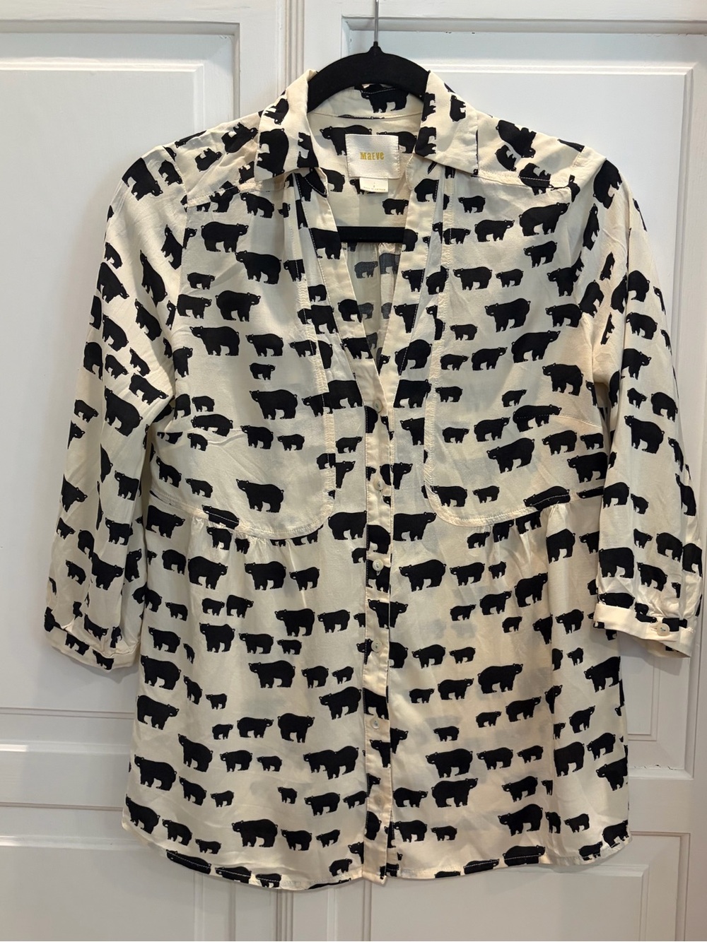 Anthropologie Maeve Black Bear Print Button-Up Blouse size 2